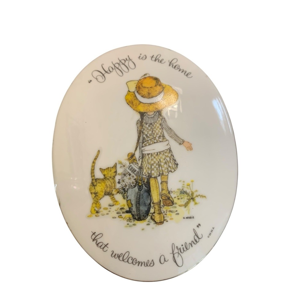 Vintage Holly Hobbie Porcelain Hanging Plaque Happy Is The Home 4.5" x 6" Japan